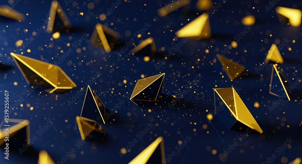 Poster golden geometric shapes floating above a dark blue surface with bokeh lights scattered around them