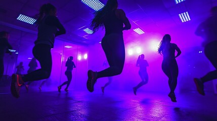 Energetic Silhouette of Women Exercising in a Vibrant Gym