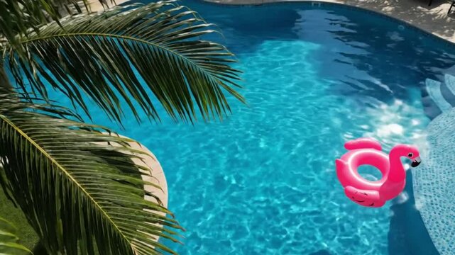 A pink flamingo float adrift in a sundrenched pool framed by palm leaves