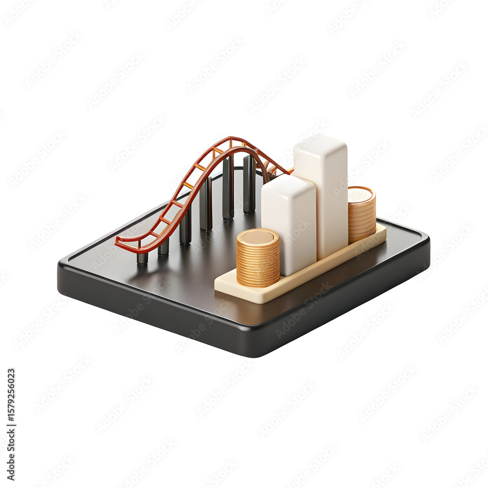 Poster roller coaster graph with coins isolated on a transparent background