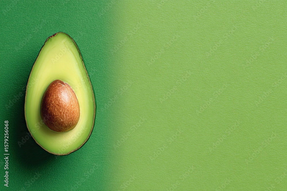 Poster a halved avocado with a large pit rests on a dark green background, leaving ample copy space to the 