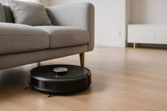 Black smart robot vacuum cleaner cleaning hardwood floor in contemporary living room with sofa and minimalist furniture