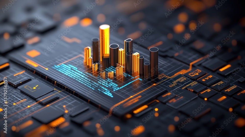 Poster futuristic digital data visualization with 3d bar graphs on a high-tech circuit board background