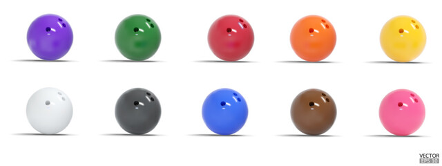 Set of bowling balls isolated on white background.  Sport for healthy life style concept. 3D Vector illustration.