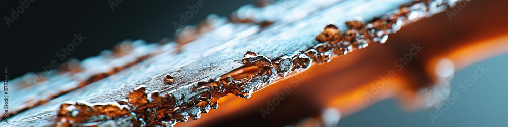 Poster close-up of textured metallic surface with irregular edge