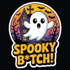 Fototapeta premium Cute Halloween Ghost with Moon and Bats Vector
