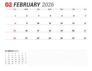 February 2026 Monthly Calendar Template for Planning and Organization improves team workflow and daily task tracking with clear minimalist layout. Week starts on Sunday. vector illustration