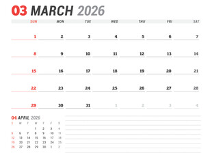 March 2026 Monthly Calendar Template for Planning and Organization streamlines personal and office task scheduling with blank structured fields. Week starts on Sunday. vector illustration