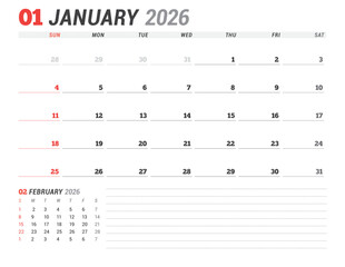 January 2026 Monthly Calendar Template for Planning and Organization enhances scheduling precision and weekly structure with minimalist blank lines. Week starts on Sunday. vector illustration