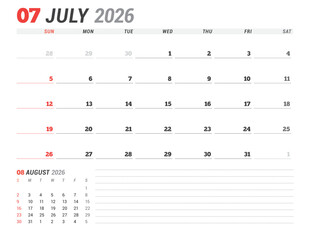 July 2026 Monthly Calendar Template for Planning and Organization provides optimal layout for structured task lists and weekly deadlines. Week starts on Sunday. Ideal for remote work