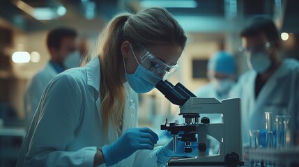 Female scientist in laboratory coat examines samples under microscope, surrounded by colleagues, showcasing teamwork and dedication in scientific research and innovation