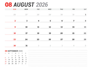 August 2026 Monthly Calendar Template for Planning and Organization supports clear organization of appointments with simple structure. Week starts on Sunday. Suitable for hybrid teams