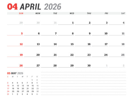April 2026 Monthly Calendar Template for Planning and Organization helps structure workweek agendas using minimalist grid layout. Week starts on Sunday. Great for daily productivity