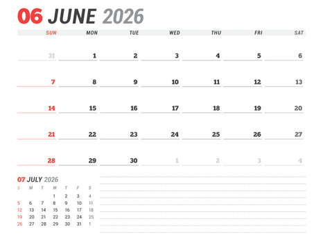 June 2026 Monthly Calendar Template for Planning and Organization simplifies weekly organization with structured lines and clear layout. Week starts on Sunday. vector illustration