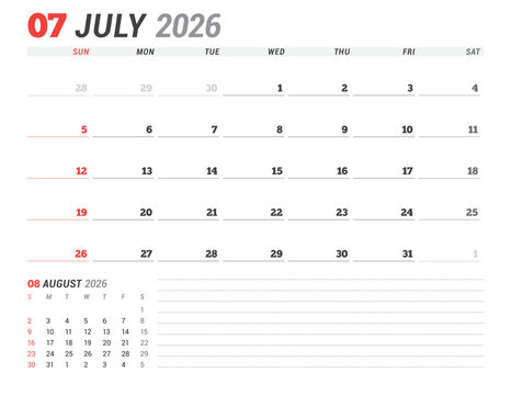 July 2026 Monthly Calendar Template for Planning and Organization provides optimal layout for structured task lists and weekly deadlines. Week starts on Sunday. Ideal for remote work