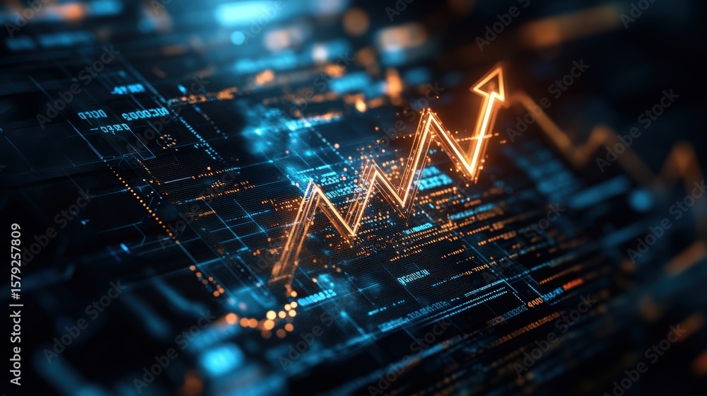 Poster digital stock market graph chart with upward trending arrow and glowing data lines representing grow