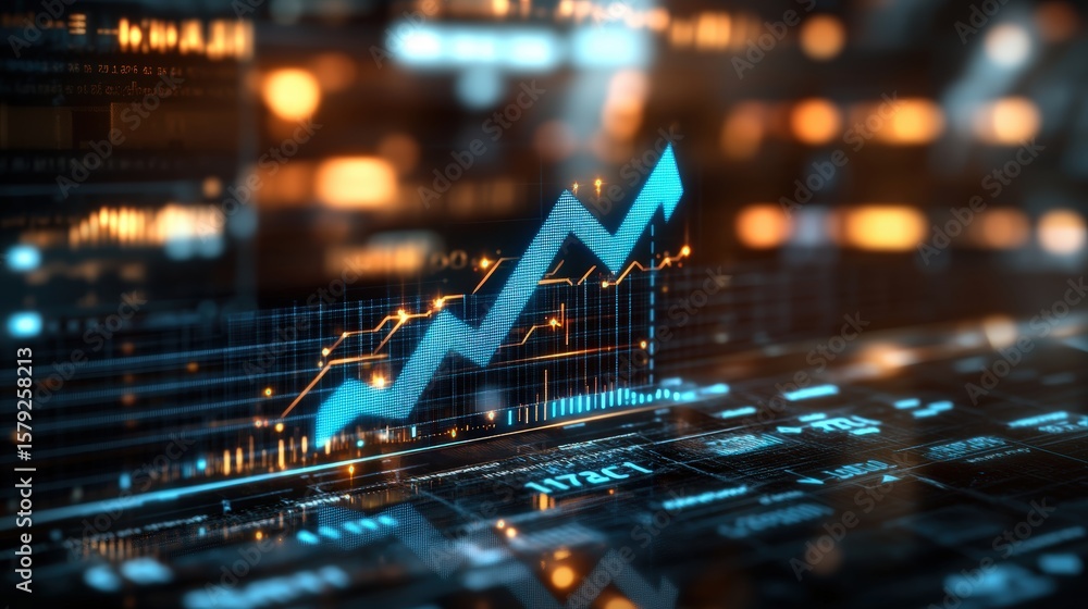 Poster digital financial growth graph with upward trend line on screen representing market increase and dat