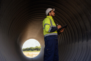 A male mechanical engineer in safety uniform is inspecting and examining a piping system for a new construction project of a large industrial building.