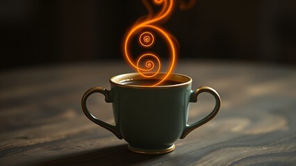 Vintage coffee cup with an infinite glowing spiral, symbolizing longevity and ritual.