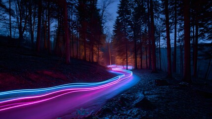 Glowing neon lights guide the path through a dark forest at twilight.