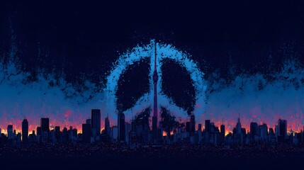 Peace over the cityscape shows unity with a peaceful symbol over the buildings in the city.