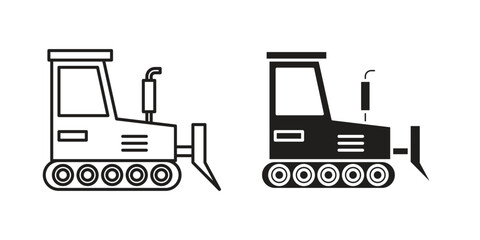 Bulldozer icon outline and solid vector sign, linear pictograms