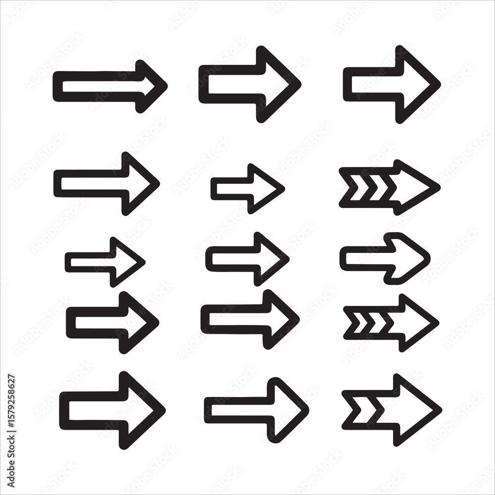 Poster collection of black outline arrows pointing right in various styles and sizes
