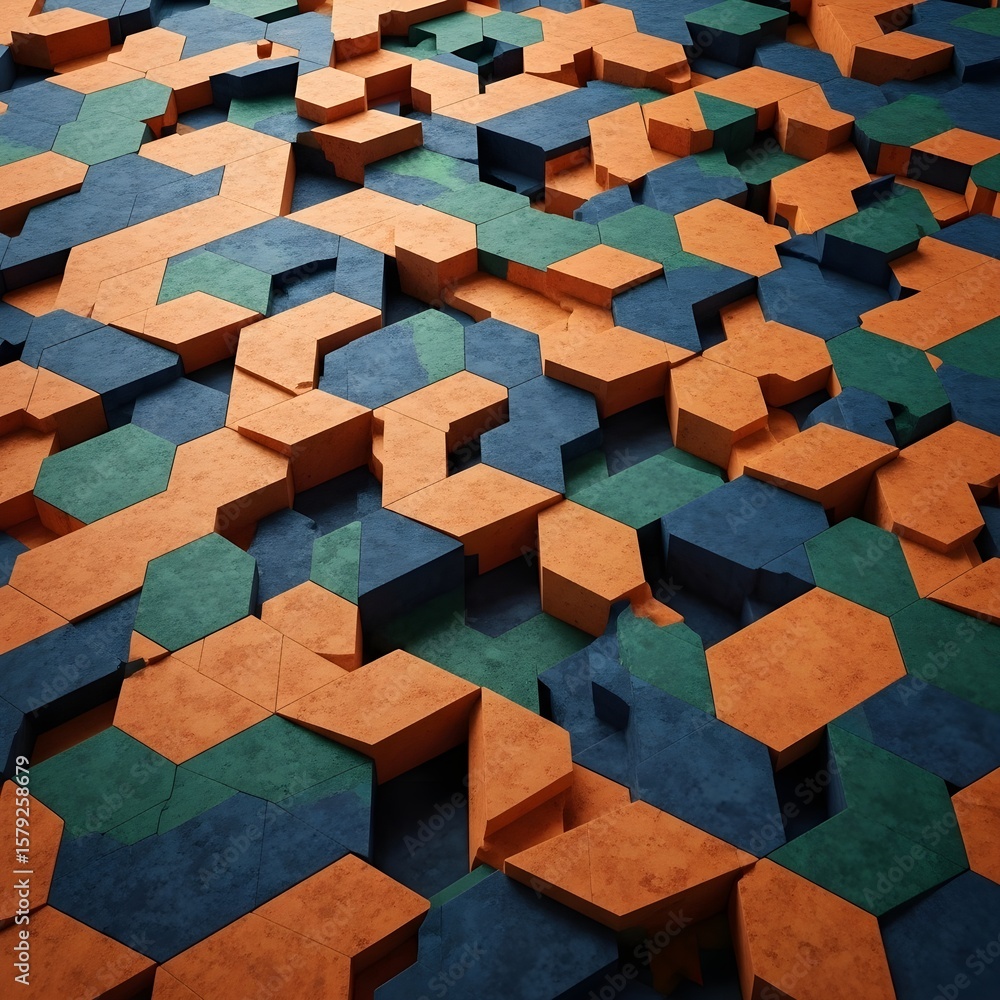 Poster abstract geometric surface featuring a repeating pattern of colorful, textured blocks.