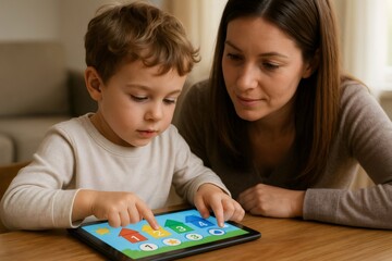 Mother and son engaging with a tablet, fostering early learning and child development while enjoying quality time together at home