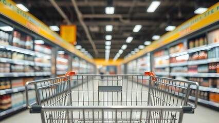Empty metal shopping cart in a clean supermarket aisle, symbolizing modern retail and consumerism.