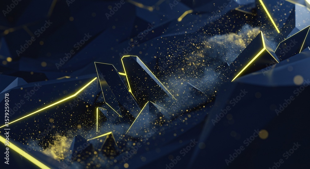 Poster abstract dark blue polygonal shapes with yellow glowing edges and floating particles design