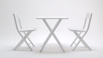 Minimalist Square Plastic Table and Two Chairs on White Background – Front View with Natural Lighting and Clean Design