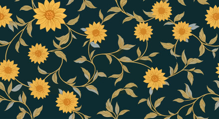 Ornate Sunflower Pattern on Deep Teal Background.