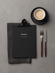 Showcasing luxury modern menu mockup with black coffee in a minimalist  environment for stylish branding and design