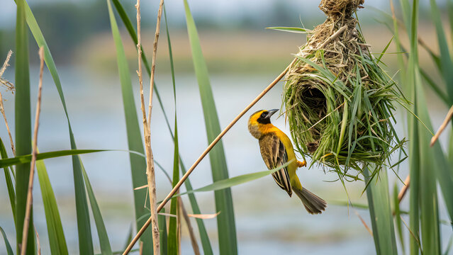 Weaverbird building nest on tall reed