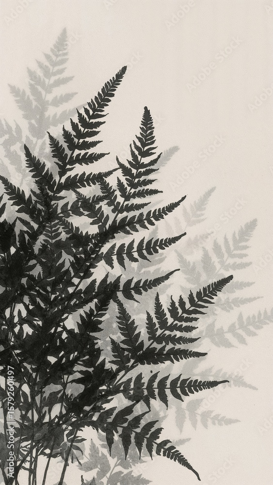 Poster close up of a fern plant with its shadow on a white background creating a nature inspired image