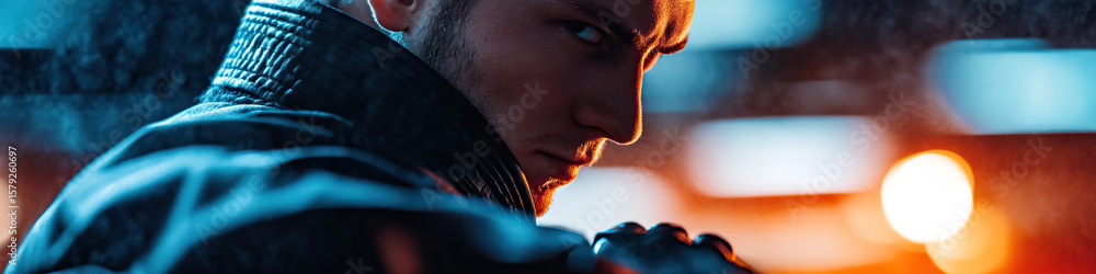 Poster profile of man in dark jacket with bokeh background
