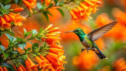Sunbird hovering near orange trumpet flowers