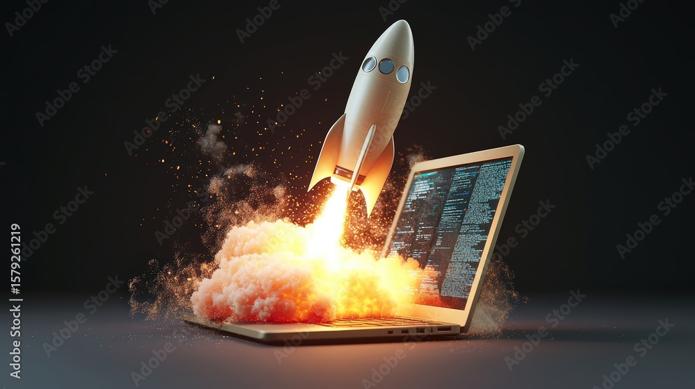 Poster innovative digital launch concept with a rocket taking off from a tablet screen amidst explosion and