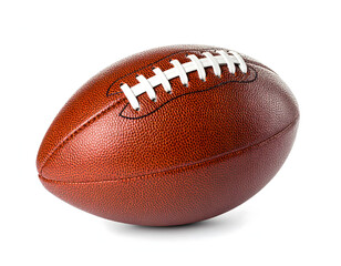 A brown leather rugby ball isolated on a pure white background.