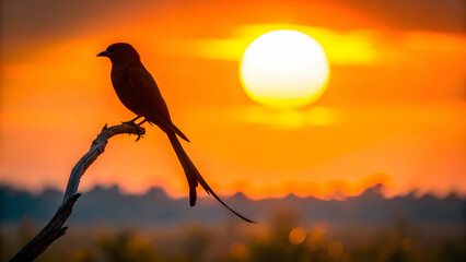 Drongo perched in silhouette at sunrise