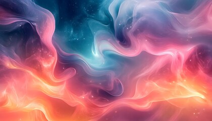 Fluid colors blend, pink, teal, orange.