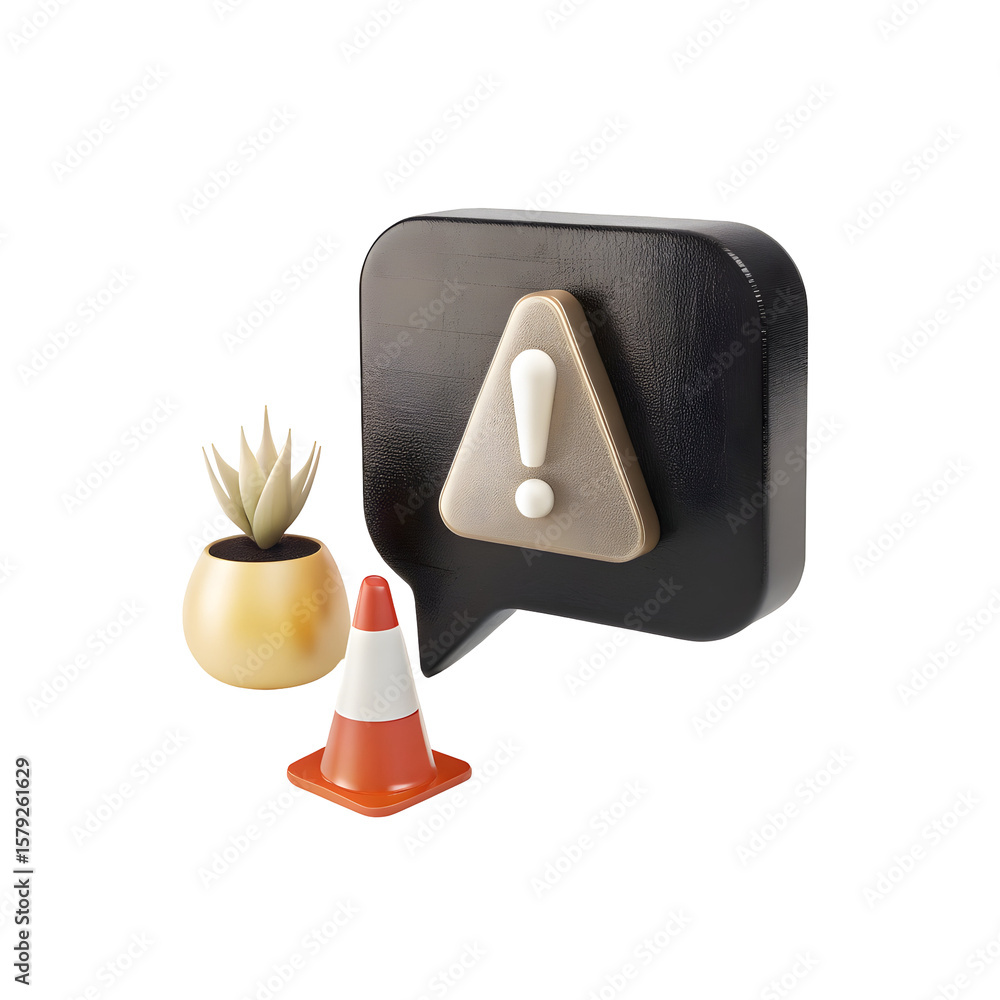 Poster alert message with traffic cone and plant isolated on a transparent background