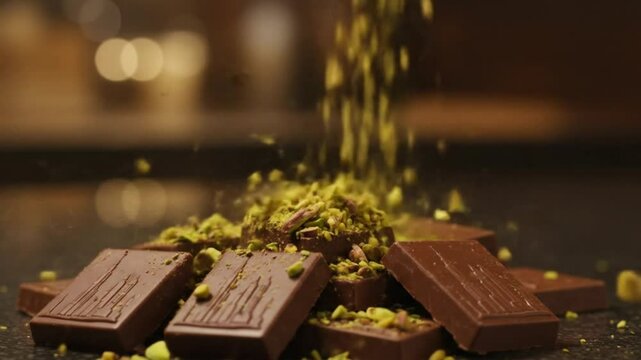 A close up shot of chocolate bars with pistachios being poured on top in a blurred background scene