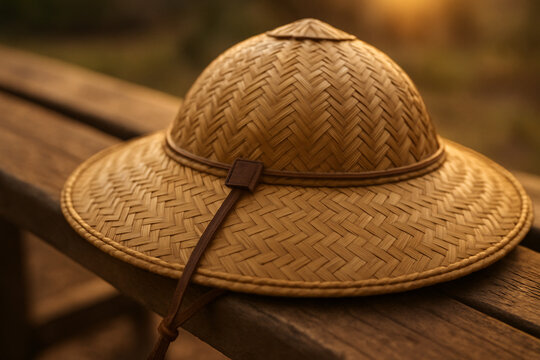 Woven Filipino salakot hat on wooden bench at sunset
