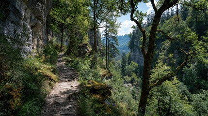 A hiking trail leading to a stunning European waterfall framed by towering trees and lush vegetation