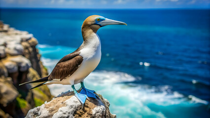 Booby bird balancing on rocky cliff edge