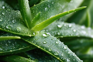 Close-up of succulent plant leaves glistening with water droplets, showcasing vibrant green hues and textures