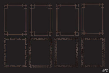 Simple wood geometric frames are isolated on black background. Luxury dark brown wood borders for invitations, luxury templates, and decorative patterns. Chinese border design.