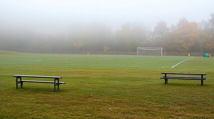 Foggy Morning Soccer Field with Benches and Autumnal Trees in Distance